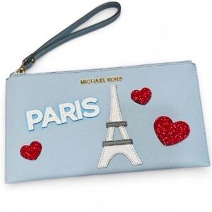 Michael Kors Paris Blue Leather Wristlet Red Hearts Eiffel Tower Valentines Day